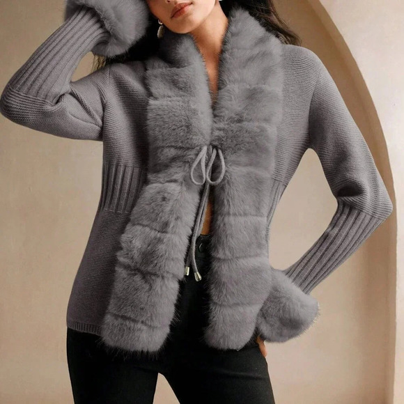Dark Grey Casual Women's Elegant Faux Fur Knit Cardigan Sweater - Picture 6 of 8